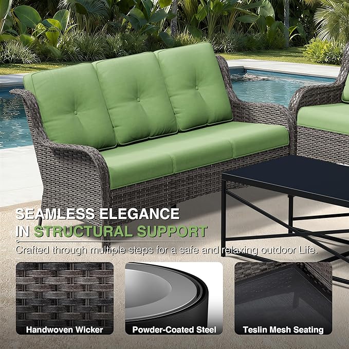Joyside 7 Piece Wicker Patio Furniture Set, Rattan Patio Chairs with High Back, Deep Seating, Wide Armrest, Thickened Cushions, Outdoor Furniture for Deck, Porch Use