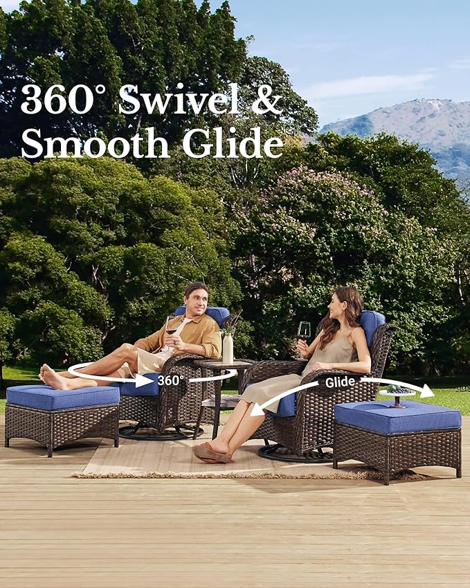 HILLGA Luxury Patio Furniture Set with 6-inch Thick Cushion, Outdoor High Back Swivel Rocker Patio Chairs, 5PCS Wicker Conversation Set for Deck Yard and Poolside, Blue (V2)