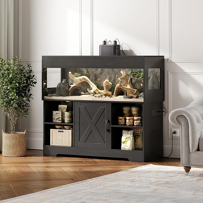 Herture 60 Gallon Reptile Tank with Stand, Terrarium Tank with Storage Cabinet, for Lizards, Skinks, Snakes, Sliding Acrylic Doors, Mesh Top, Built-in Power Outlet Black PX02RTB