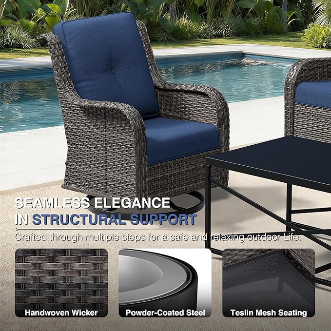 Joyside 7 Piece Wicker Patio Furniture Set, Outdoor Swivel Rocker Patio Chairs with High Back, Deep Seating, Wide Armrest, Thickened Cushions, Outdoor Furniture for Deck, Porch Use
