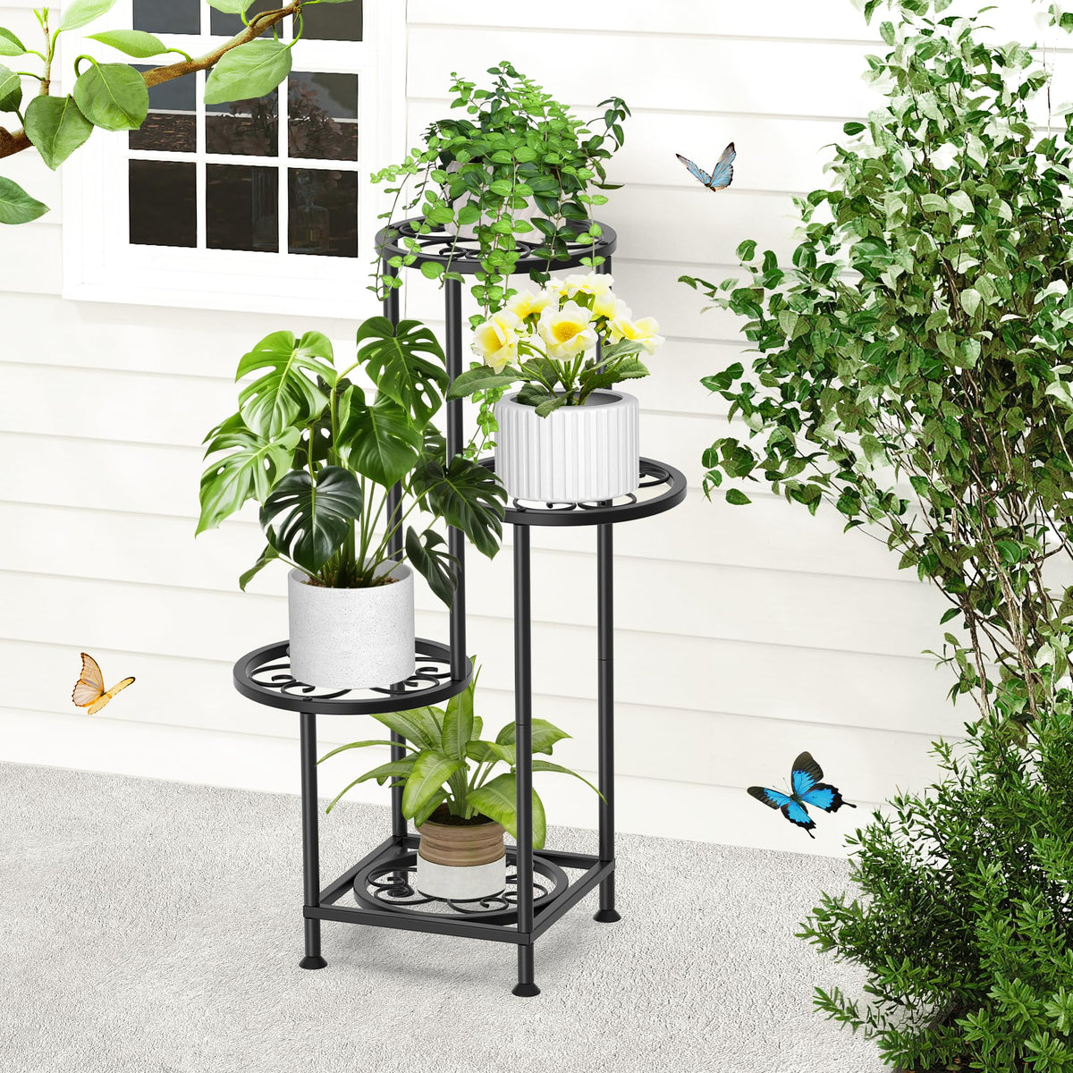 YOCOMEY 4 Tier Plant Stand Indoor Outdoor, Metal Shelf Holder Corner Black