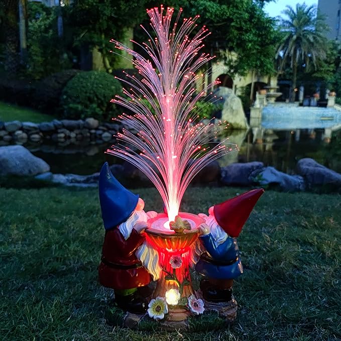Gnome Statue Solar Garden Decor with LED Lights, Resin Gnomes Figurine and Colour Changing Optical Fiber Solar Light,Outdoor Decorations for Balcony, Patio, Yard, Lawn, Gifts for Women