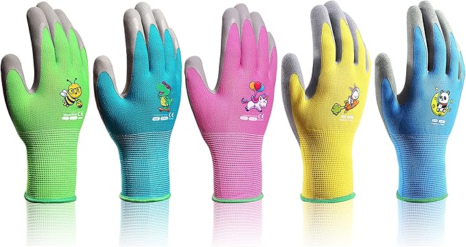 5 Pairs Kids Gardening Gloves Yard Work Gloves Children Soft Safety Rubber Coated Gloves for Toddlers Youth Girls Boys Children (6-8yr M)