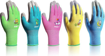 5 Pairs Kids Gardening Gloves Yard Work Gloves Children Soft Safety Rubber Coated Gloves for Toddlers Youth Girls Boys Children (6-8yr M)