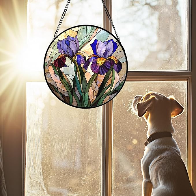 HWRHTR Stained Glass Window Hanging, Purple Blue Iris Birth Flower Suncatcher for Doors Garden Yard Sun Catchers Decor Christmas Mother's Day Birthday Gifts for Teacher Women Mom Nana Wife 15 in