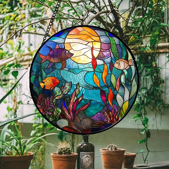 Stained Glass Window Hanging - Blue Ocean World Small Fish Coral Sun Catcher for Door Garden Home Decor Sea Suncatcher Christmas Mother's Day Birthday Gifts for Women Men Mom Nana 15 in