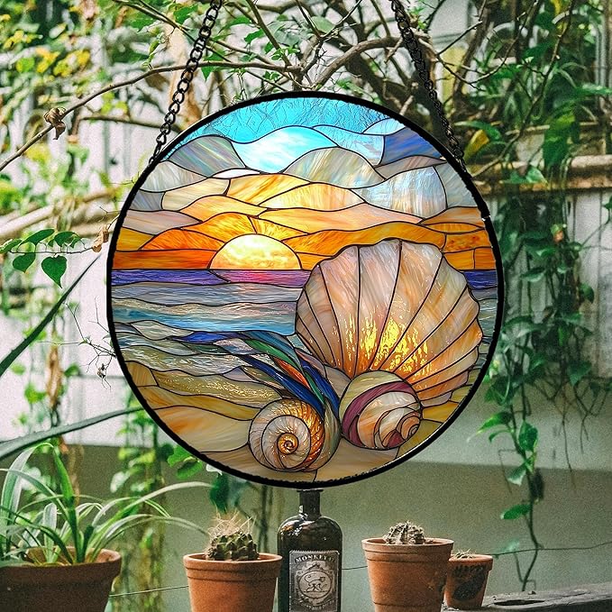 Stained Glass Window Hanging - Colorful Beach Shells Conch Sun Catcher for Door Home Decor Ocean Suncatcher Christmas Mother's Day Birthday Sea Lover Gifts for Women Men Mom Nana 15 in