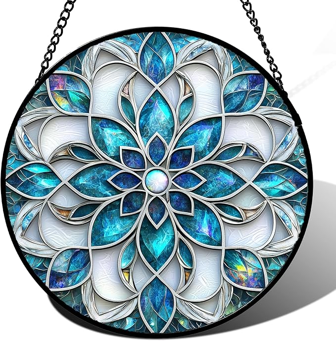 JOSUMALY Stained Glass Window Hanging - Blue White Abstract Flowers Suncatcher for Door Terrace Garden Home Decor Boho Sun Catcher Birthday Gifts for Lovers Women Men Dad Mom Nana 7.8 in