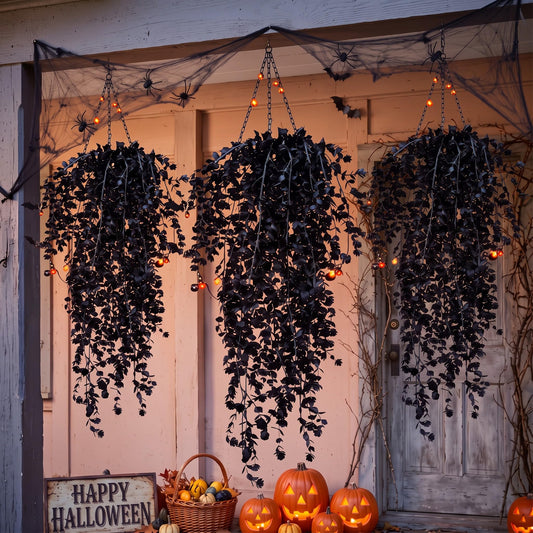 FineCheer 6 Pcs Halloween Artificial Hanging Flowers Outdoor, Black