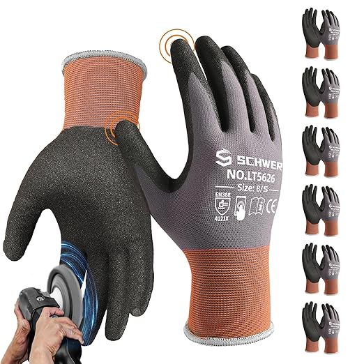 Schwer 6 Pairs Safety Work Gloves Sandy Nitrile Coated LT5626, Max Abrasion Resistant Heavy Duty Working Gloves with Grip for Men Women, Touch-Screen, for General Use, Mechanic, Construction, S