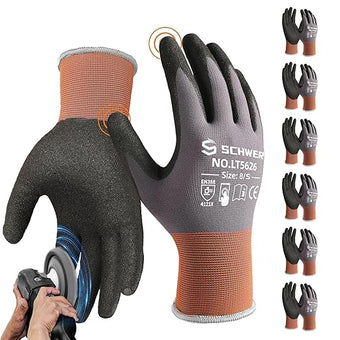 Schwer 6 Pairs Safety Work Gloves Sandy Nitrile Coated LT5626, Max Abrasion Resistant Heavy Duty Working Gloves with Grip for Men Women, Touch-Screen, for General Use, Mechanic, Construction, S