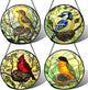 DASTOLL Stained Glass Window Hanging 4 Pcs Set Bird Theme On Branch 7.8" - Cardinal Suncatcher Door Garden Sun Catcher Decor Birthday Christmas for Mom Woman Nana Men