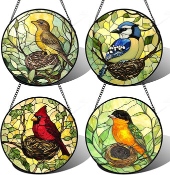 DASTOLL Stained Glass Window Hanging 4 Pcs Set Bird Theme On Branch 6.3" - Cardinal Suncatcher Door Garden Sun Catcher Decor Birthday Christmas for Mom Woman Nana Men