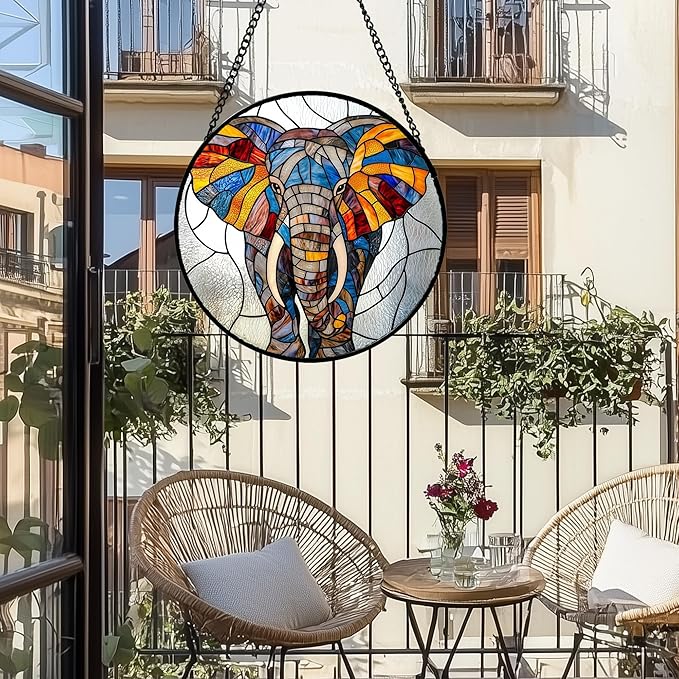 AMDERVEN Stained Glass Window Hanging, Colorful Elephant Sun Catcher for Door Home Decor Animal Suncatcher Christmas Mother's Day Birthday Gifts for Women Men Mom and Nana 15 in