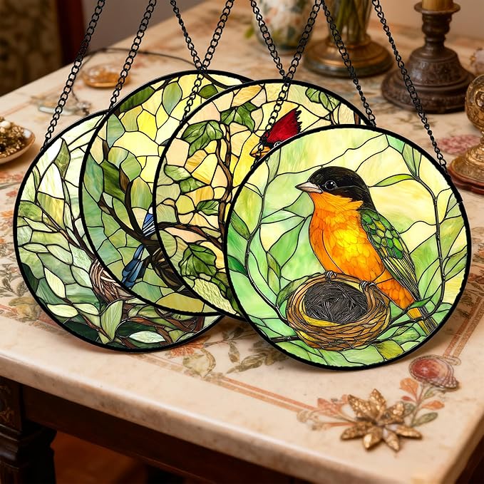 DASTOLL Stained Glass Window Hanging 4 Pcs Set Bird Theme On Branch Large 15" - Cardinal Suncatcher Door Garden Sun Catcher Decor Birthday Christmas for Mom Woman Nana Men