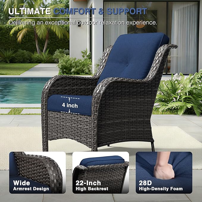 Joyside 3 Piece Wicker Patio Furniture Set, Rattan Patio Chairs with High Back, Deep Seating, Wide Armrest, Thickened Cushions, Outdoor Furniture for Deck, Porch Use