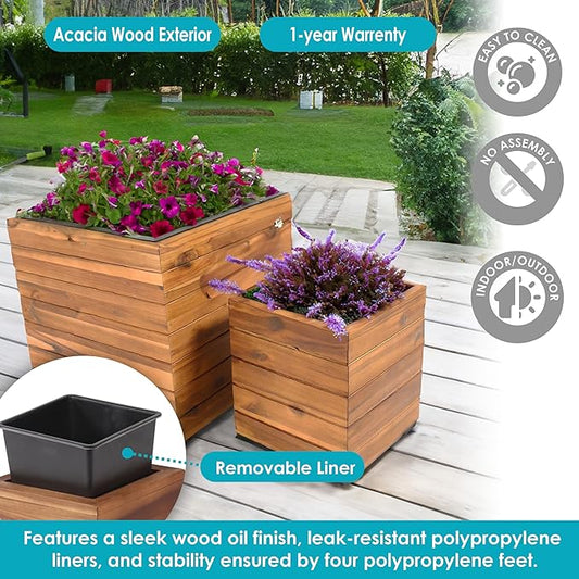 Sunnydaze Indoor/Outdoor Wooden Planter Boxes - 2 Acacia Wood Square Plant Pots with Removable Liners - Light Brown Stain