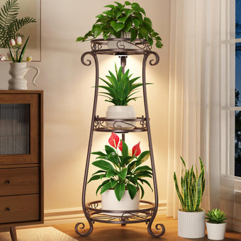 LASZOLA 3 Tiers Metal Corner Plant Stand Tall with Light for Indoor Outdoor