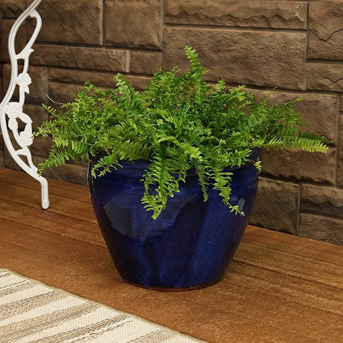 Sunnydaze Large Ceramic Plant Pot - Round Outdoor Glazed Ceramic Planter Pot with Drainage - Chalet - Imperial Blue - 14.5"