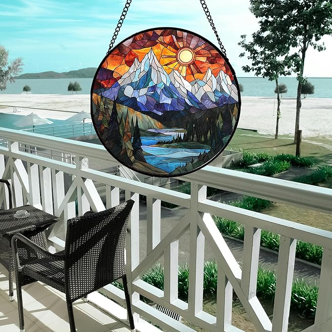 Stained Glass Window Hanging - Colorful Mountain Lake Landscape Sun Catcher for Door Garden Home Decor Suncatcher Christmas Mother's Day Birthday Gifts for Women Men Mom Nana 6.3 in