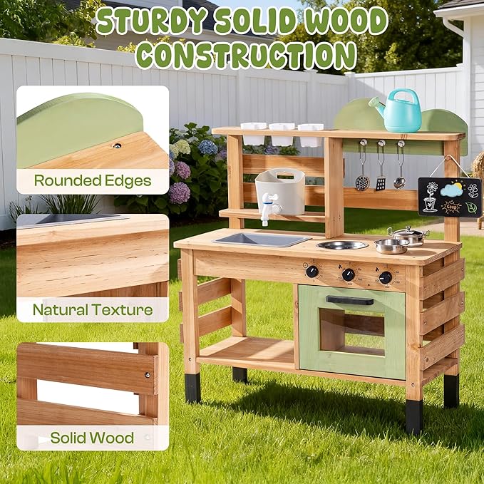 ROBOTIME Mud Kitchen, Outdoor Play Kitchen for Kids – Wooden Mud Kitchen Pretend Playset with Removable Sink & Chalkboard, Cooking Accessories, Gift for Boys Girls Ages 3+