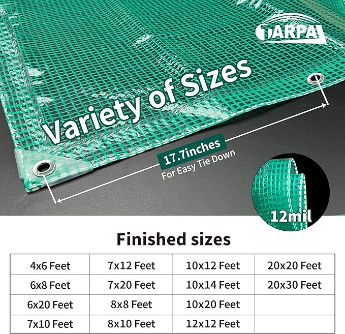 TARPAL 4'x6' Clear Green Tarp Heavy Duty Waterproof 12mil with Grommets or Zip Ties for Small Greenhouse for Outdoors Garden,Farm,Chicken Coops
