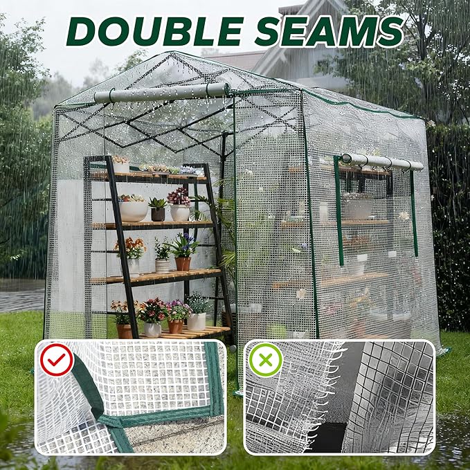 8.7x6.6x7 ft Walk-in Greenhouse, Portable Plant Hot House with Zipper Windows & Doors, Heavy-Duty PE Cover & Steel Frame, for Garden, Backyard