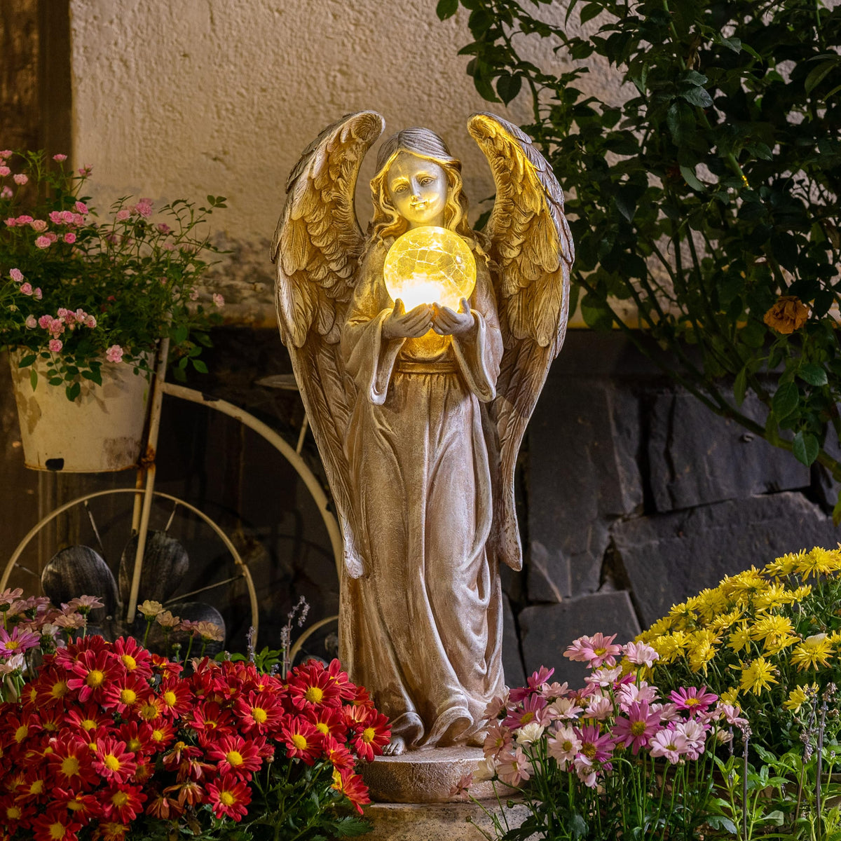 TERESA'S COLLECTIONS Angel Garden Solar Resin Fairy Glass Ball Statue 11"