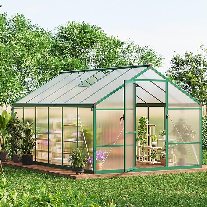 8X12 FT Outdoor Polycarbonate Greenhouse, Sturdy Aluminum Frame, Adjustable Roof Vent, Ideal for Backyard, Patio, or Garden, All-Weather Green House for Growing Plants and Vegetables