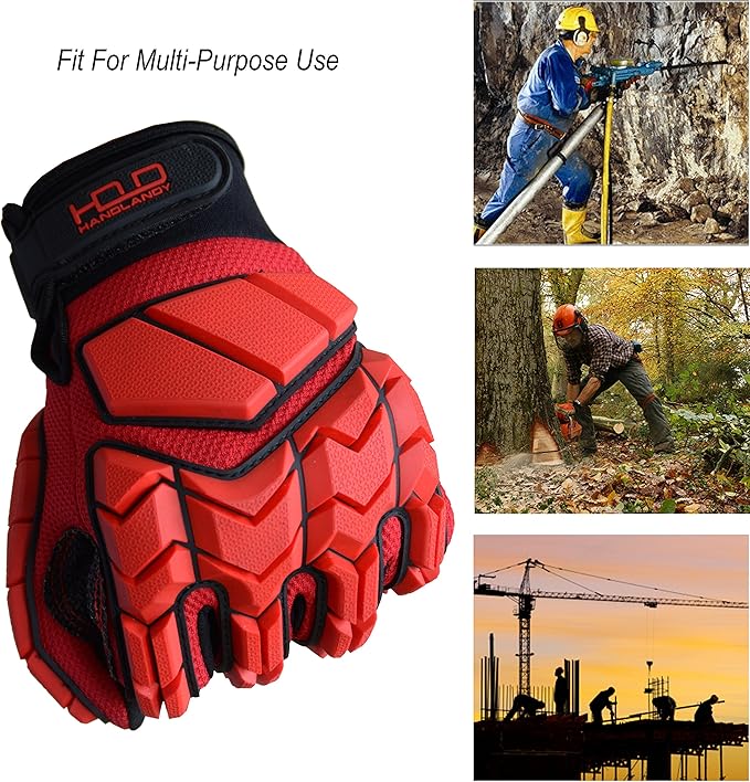 HANDLANDY Anti Vibration Gloves, SBR Padding, TPR Protector, Mechanic Work Gloves (Large, Black)