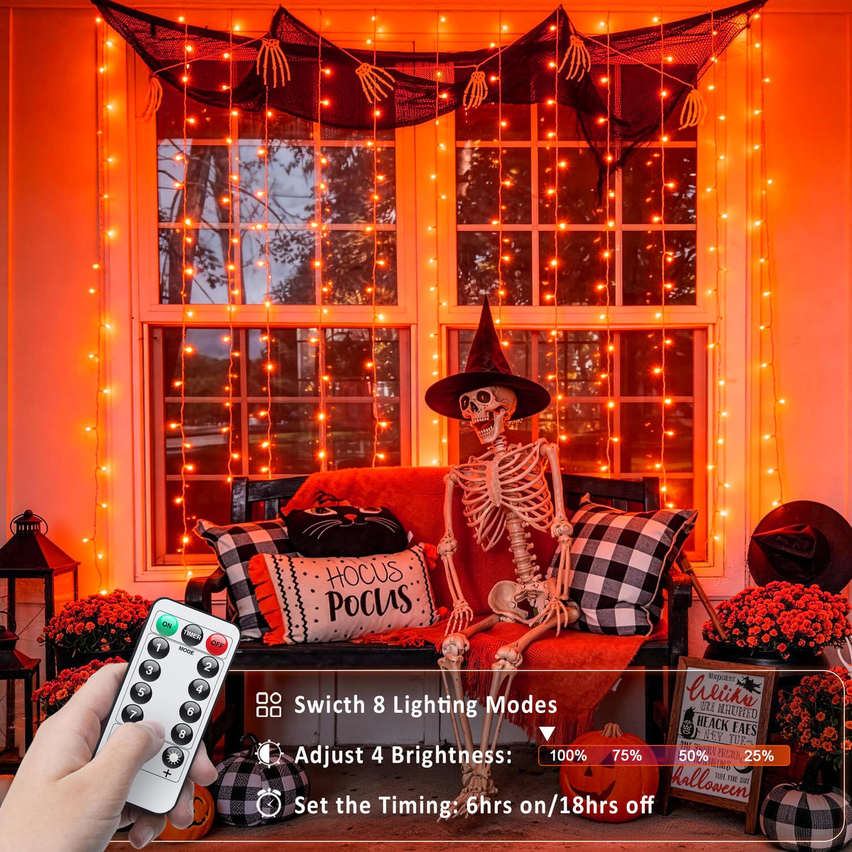 JMEXSUSS Orange Curtain Lights for Halloween, USB Plug in, 200 LED
