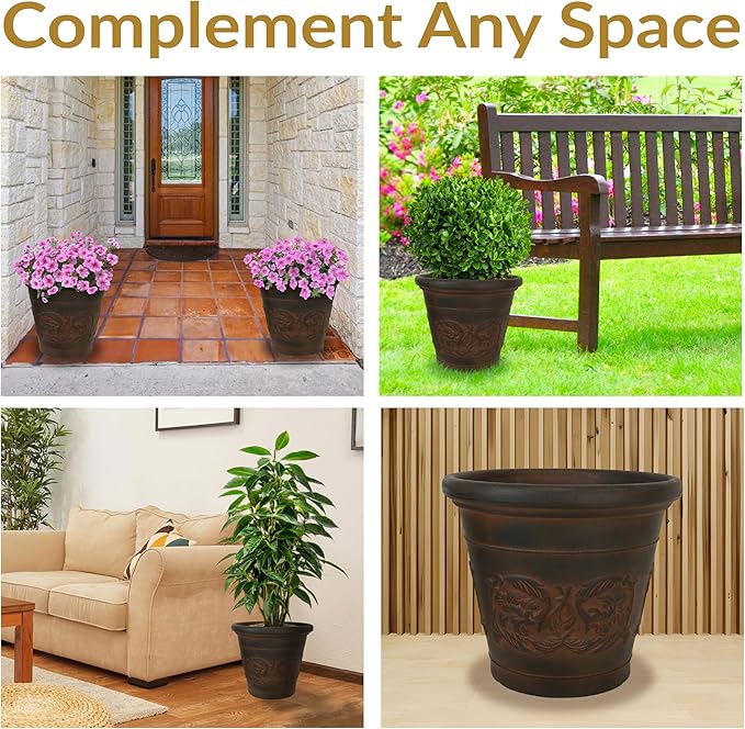 Sunnydaze 16-Inch Arabella Large Plant Pot - Polyresin Insulated Round Outdoor Planter with Drillable Drainage Holes - 4 Pack - Rust