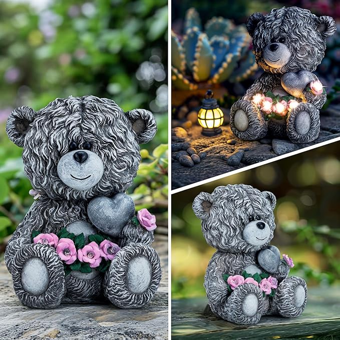Solar Garden Outdoor Statues Bear with Heart and Pink Flower and 5 LED Lights-Lawn Decor Bear Statue for Patio, Balcony, Yard Ornament-Unique Valentine's Day and Housewarming Gifts for Mom, Women