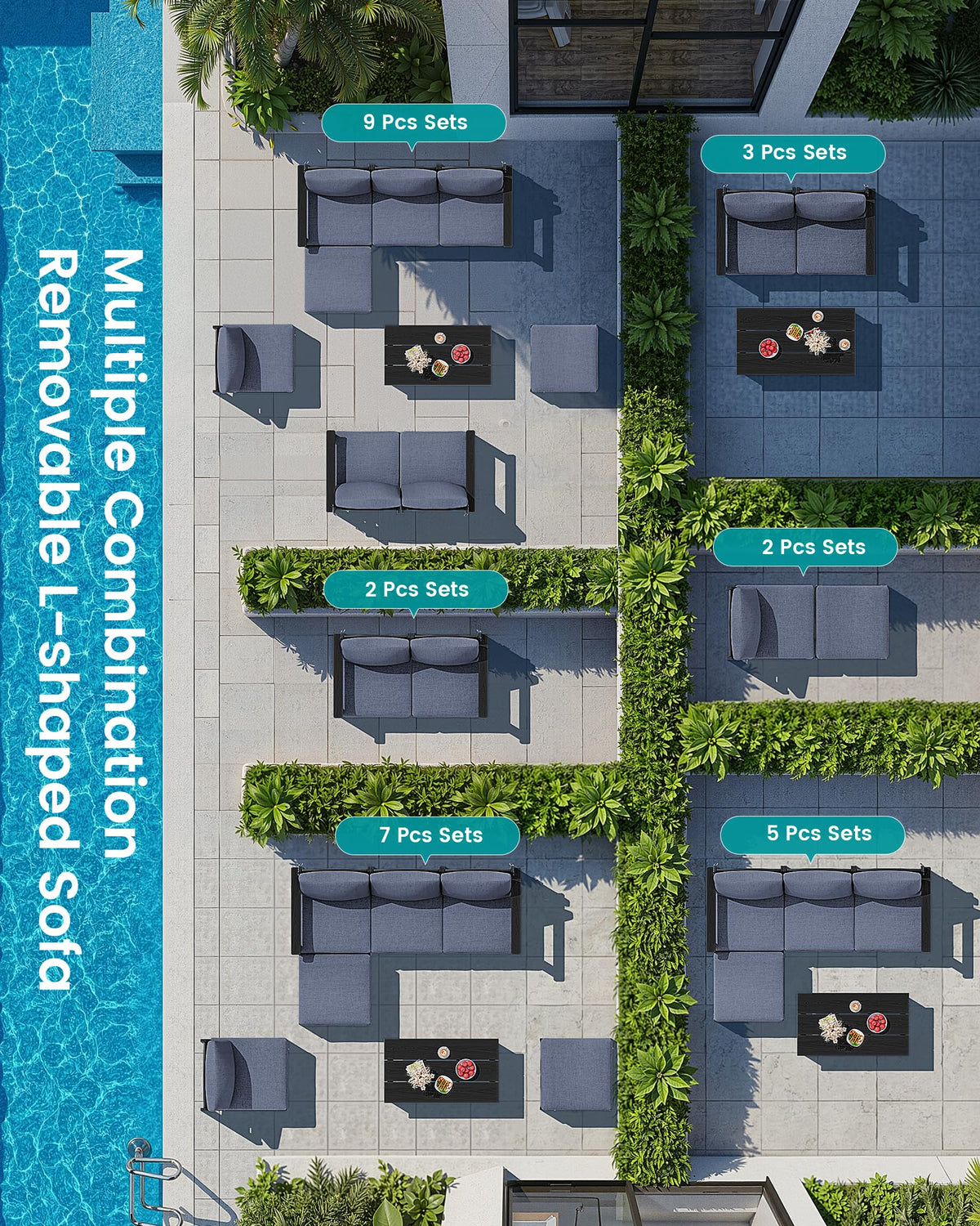 SERWALL 5 Piece Outdoor Sectional Sofa with Ottoman and 2 Pillows, Black
