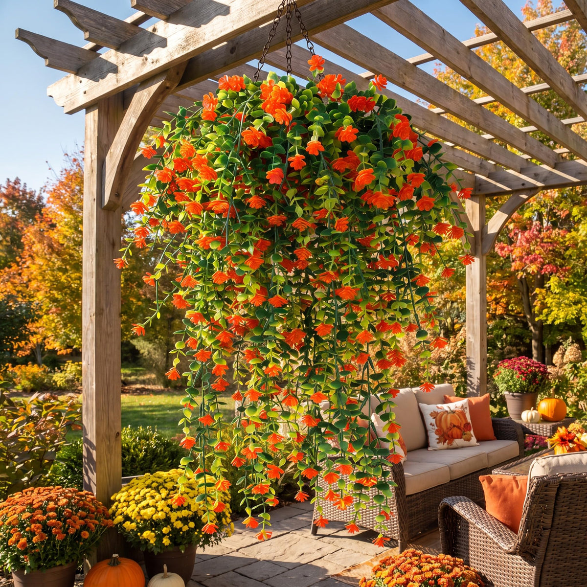 FineCheer 6 Pcs Fall Artificial Hanging Flowers Outdoor, Orange, Plastic