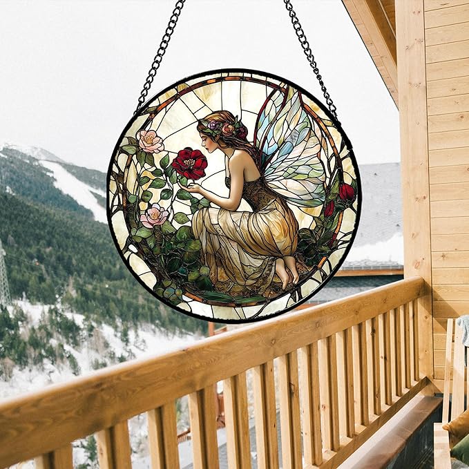 JOSUMALY Stained Glass Window Hanging - Butterfly Flower Fairy Suncatcher for Door Terrace Garden Home Decor Yellow Green Plants Sun Catcher Birthday Gifts for Lovers Women Men Dad Mom Nana 6.3 in