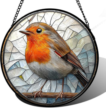 AMDERVEN Stained Glass Window Hanging - Orange Grey Robin Sun Catcher for Door Garden Home Decor Bird Lovers Suncatcher Christmas Mother's Day Birthday Gifts for Women Men Mom Nana 6.3 in