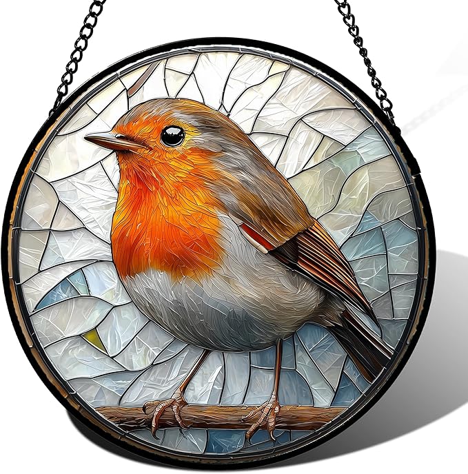 AMDERVEN Stained Glass Window Hanging - Orange Grey Robin Sun Catcher for Door Garden Home Decor Bird Lovers Suncatcher Christmas Mother's Day Birthday Gifts for Women Men Mom Nana 11.8 in