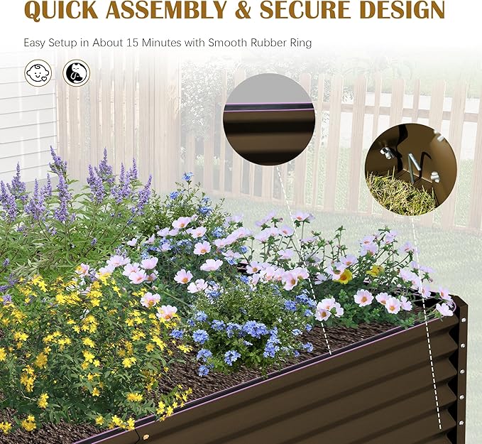 Domi 6x3x2ft Metal Raised Garden Beds Outdoor, Thickened Galvanized Steel Deep Root Planter Box with Stabilizing Bars & Rubber Edging for Vegetables, Flowers, Herbs - Brown