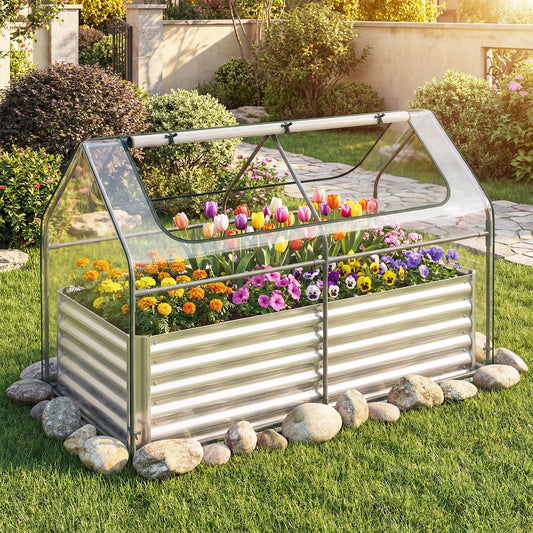 S AFSTAR 3-in-1 Raised Garden Bed with Greenhouse Cover, 6FT x 3FT x 4FT Galvanized Bottomless Planter Box Kit with Dual Roll-Up Screen Windows, Outdoor Mini Greenhouse for Vegetables (Silver & Clear)