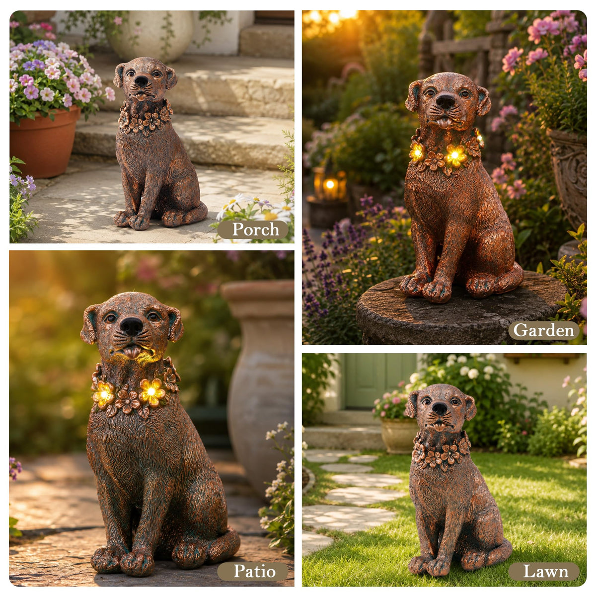 Nacome Dog Statue with Solar Flower Warm Lights Garden Decor