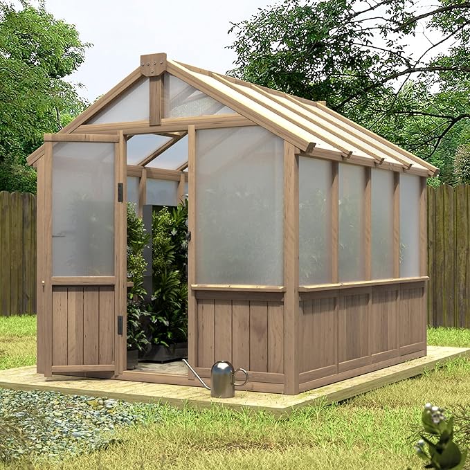 Mupater 6 x 8 FT Wooden Polycarbonate Greenhouse with Ventilated Window and Lockable Door, 6mm PC Panels for UV Protection, Walk-in Greenhouse Kit for Outdoor, Garden and Backyard, Brown
