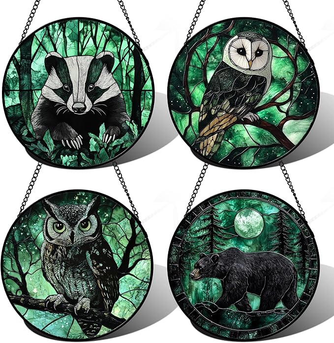 DASTOLL Stained Glass Window Hanging 4 Pcs Set Green Forest Night Sky Wildlife Large 11.8" - Suncatcher Door Garden Sun Catcher Decor Birthday for Mom Woman Nana Men Friend