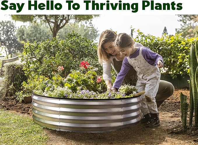 Round Galvanized Raised Garden Bed // 4×4×1 ft (2-Pack) Galvanized Raised Garden Beds Outdoor for Gardening, Vegetables, Flowers // Patented Tool-Free Design Round Planter (Silver)