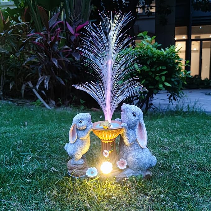 Solar Rabbit Garden Statues Outdoor Decor with LED Lights, Resin Rabbits Figurine Lights Decorations Colour Changing Fiber Optical Light, Outside Lawn Decor for Yard, Unique Housewarming Gift