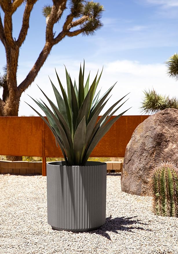 Veradek Mason Series Demi Planter - Large Round Planter for Indoor or Outdoor Patio/Balcony | Made from Plastic & Concrete with Drainage Holes | Modern Décor for Flowers, Trees, Tall Plants