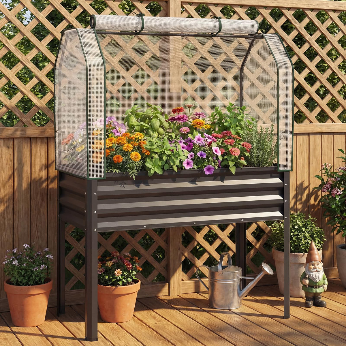 GIANTEX Raised Garden Bed with Legs & Greenhouse Cover, 44x22x60 Elevated Metal Planter Box with Roll-up Door, Outdoor Mini Greenhouse for Vegetable Flower Herb Patio Balcony (Black,1)