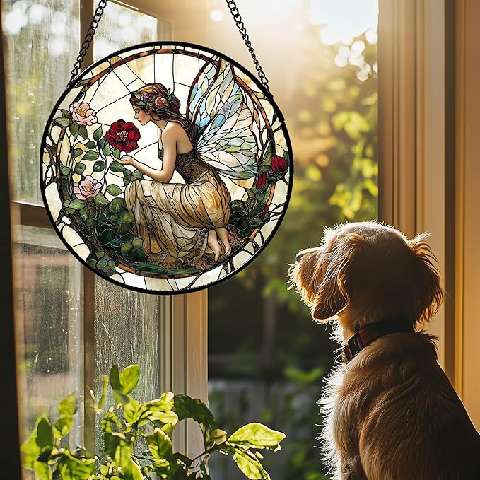 JOSUMALY Stained Glass Window Hanging - Butterfly Flower Fairy Suncatcher for Door Terrace Garden Home Decor Yellow Green Plants Sun Catcher Birthday Gifts for Lovers Women Men Dad Mom Nana 7.8 in