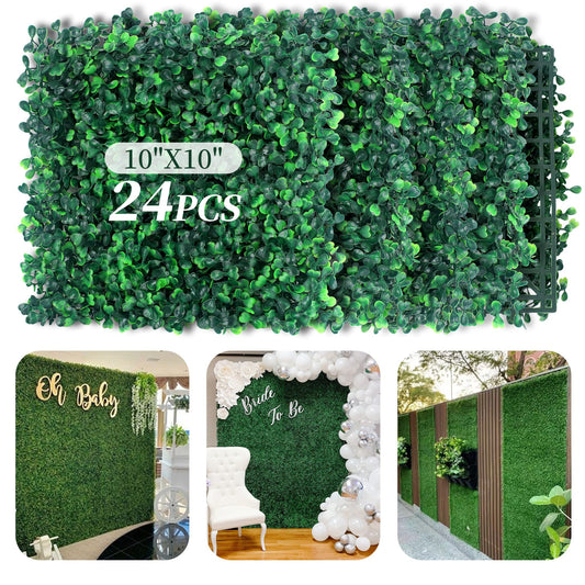 Artificial Grass Wall Panel 24Pcs 10x10in Boxwood Foliage Hedge Panels