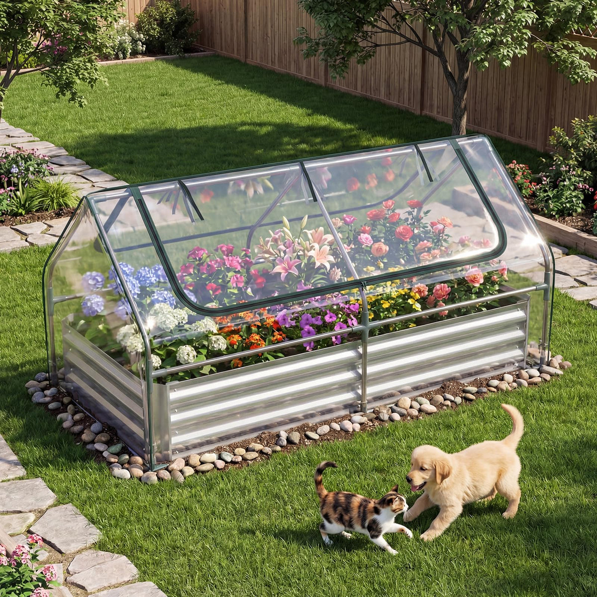 Happygrill Galvanized Raised Garden Bed with Cover & 2 Roll-up Windows